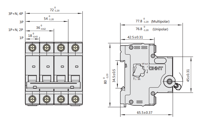Kích thước Aptomat CHINT MCB NXB-63 2P 25A