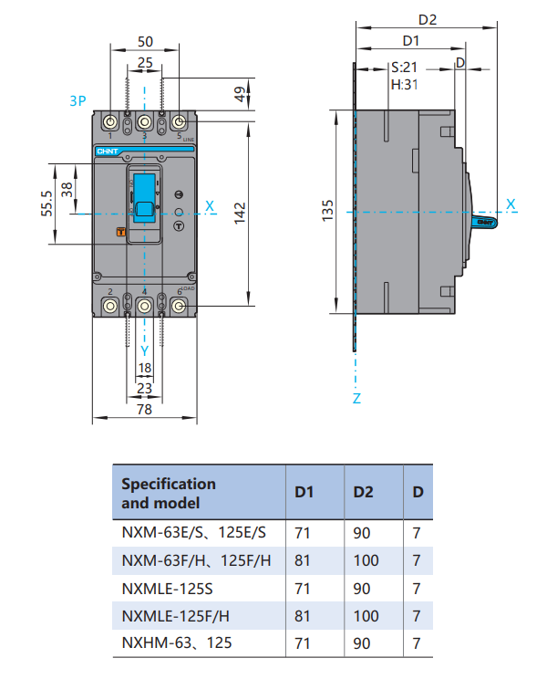 Kích thước Aptomat Chint NXM-125S/3300 63A