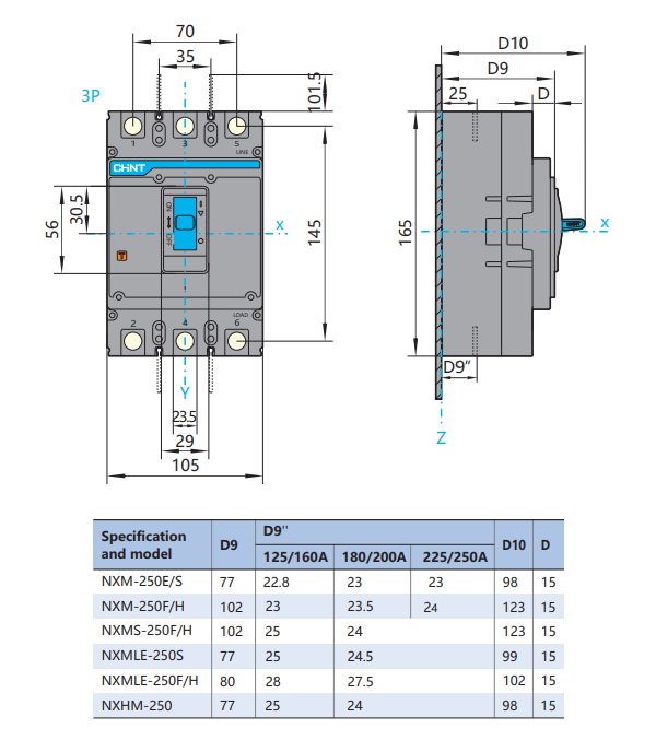 Kích thước Aptomat Chint NXM-250S/3300 200A