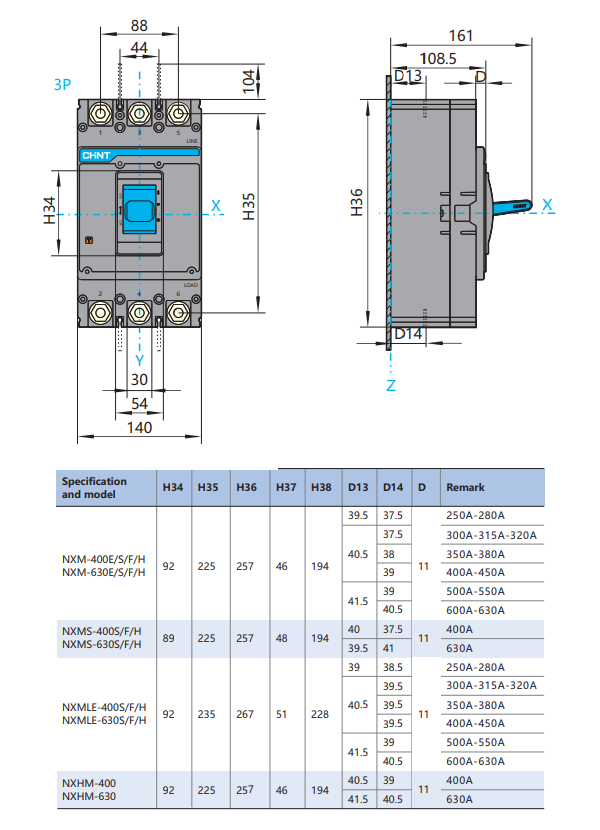 Kích thước Aptomat Chint NXM-400S/3300 315A
