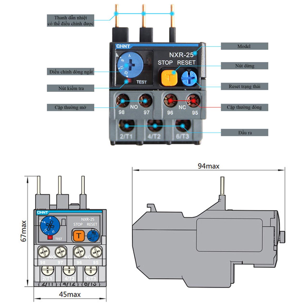 Kích thước Relay nhiệt CHINT NXR-25 Cho Contactor NXC